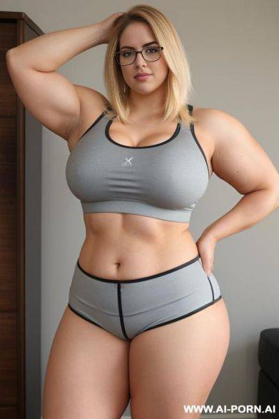 (thick rimmed glasses) (sports bra), massive thighs, gigantic thighs, obese thighs, muscled bulked up thighs, huge thighs, strong thighs, thick thighs - ai-porn.ai on pornsimulated.com