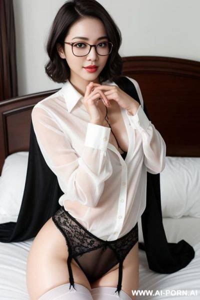 Beautiful brunette. wearing glasses with short wavy hair.not wearing any panties. wearing black stockings. white skin. - ai-porn.ai on pornsimulated.com