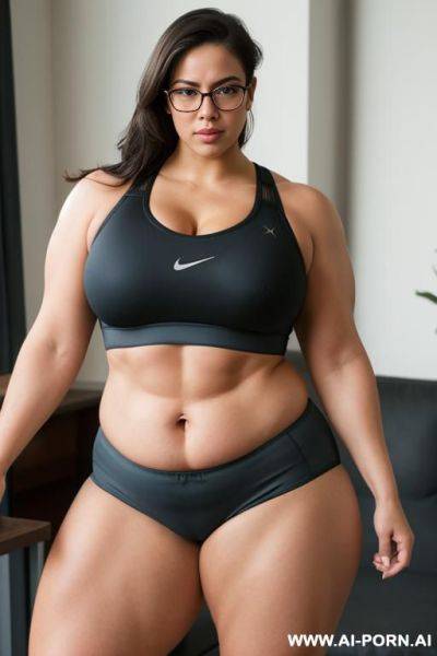 (thick rimmed glasses) (sports bra), massive thighs, gigantic thighs, obese thighs, muscled bulked up thighs, huge thighs, thick thighs, fat thighs, strong thighs - ai-porn.ai on pornsimulated.com