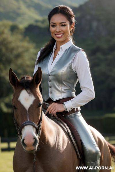 A beautiful and fit woman rides a white foal. she appears to be twenty. her hair blows slightly in the wind, and she has light blue eyes and full pink lips. she is wearing a white, - ai-porn.ai on pornsimulated.com