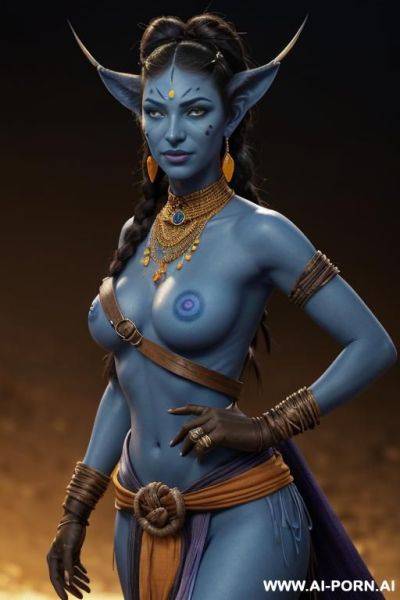 Very beautiful and fit extraterrestrial being. blue-skinned character. she has wild hips and massive ass. her skin is blue everywhere with stripes like zebra, she has very big yellow eyes, eyes - ai-porn.ai on pornsimulated.com