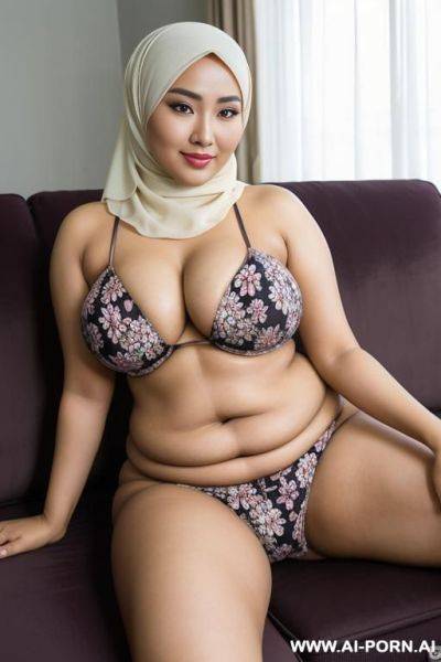 Hijab malaysian mom have darker skin with big natural breast and butt wearing flower pattern bra and underwear laying on classic grandma style couch that also have flower pattern ready for having sex - ai-porn.ai - Malaysia on pornsimulated.com