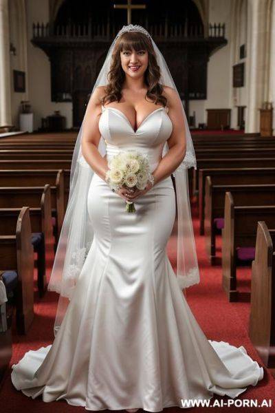Full body shot of a tall, caucasian, supermodel, ((massive breasts)), ((thick arm muscles)), standing in a church, bangs, wearing a wedding dress and veil showing cleavage - ai-porn.ai on pornsimulated.com