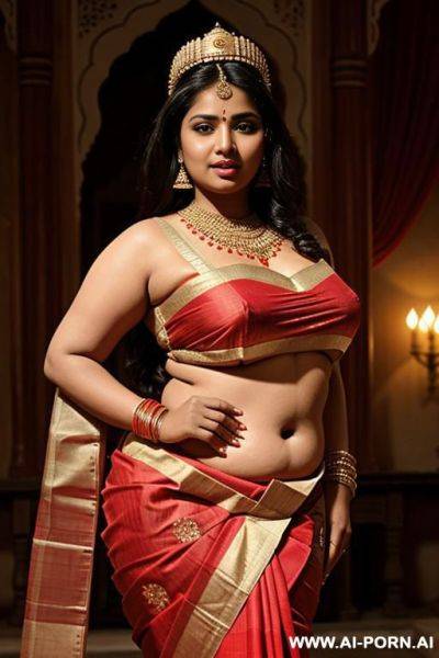 A ancient indian chubby queen in a traditional saree watches on a medieval indian chubby complete naked female servant - ai-porn.ai - India on pornsimulated.com