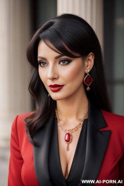 Beautiful face, full makeup, earrings, necklace, seductive, provocative, red cloths - ai-porn.ai on pornsimulated.com