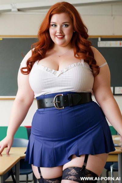 Half body photo shot close up, about at classroom, chubby ((very obese but hot)) redhead fat bbw curvy teacher, wearing a sexy and hot micro colorfull ruffle skirt, and stocking lingeries, sports top. teaching to the classroom. ((dynamic angle)) - ai-porn.ai on pornsimulated.com