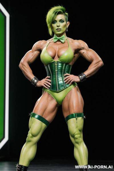 Green skin colour, green face, green body, muscular female, ufo, beautifull face, dark-green lipstick, elf, ufo, bow tie, ufo green skin, ufo sexy green skin space ufo elf, beautifull face, bow tie, latex corset - ai-porn.ai on pornsimulated.com