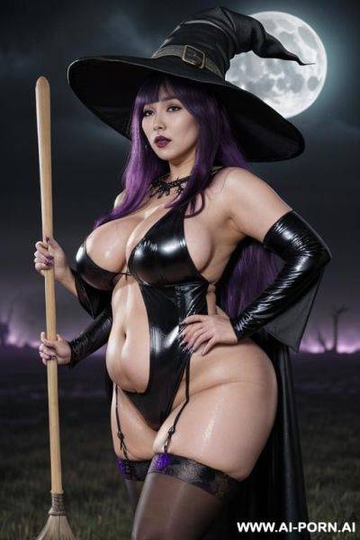 ((((gigantic breasts, massive saggy boobs)))), ((thick thighs, puffy nipples, morbidly obese, fat, big ass, body rolls, big belly)), ((naked, greassy, oily)), ((witch hat, broom, boots, high stockings, - ai-porn.ai on pornsimulated.com