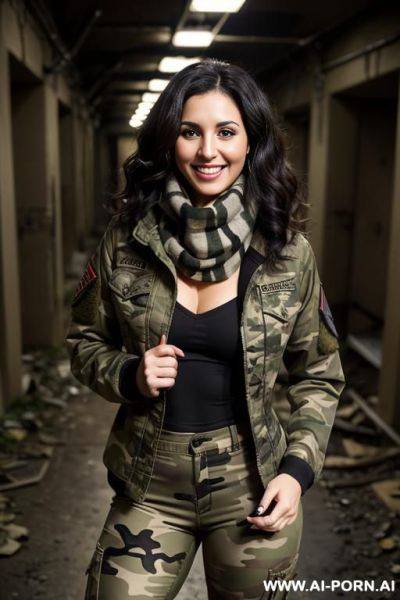 (dark abandoned underground laboratory); (d-cup); (camo army jacket); (tight utility pants); (scarf) - ai-porn.ai on pornsimulated.com