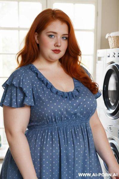 Half-length photo, ((half body photo shot close up)). as a set in the laundry area, a (((very obese))) fat chubby fat thick and bbw redhead british, ((she is washing clothes)). she has - ai-porn.ai - Britain on pornsimulated.com