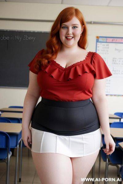 Close up full body photo shot, about at classroom, chubby very ((very obese)) redhead fat bbw curvy teacher, wearing a sexy and hot micro red ruffle skirt, and elegant top, teaching to the classroom. - ai-porn.ai on pornsimulated.com