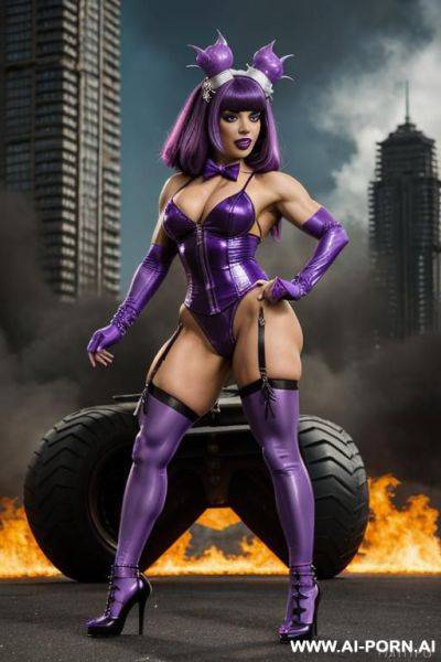 Bowtie, bow tie, latex, leather outfit, punky doll lingerie, purple - ai-porn.ai on pornsimulated.com