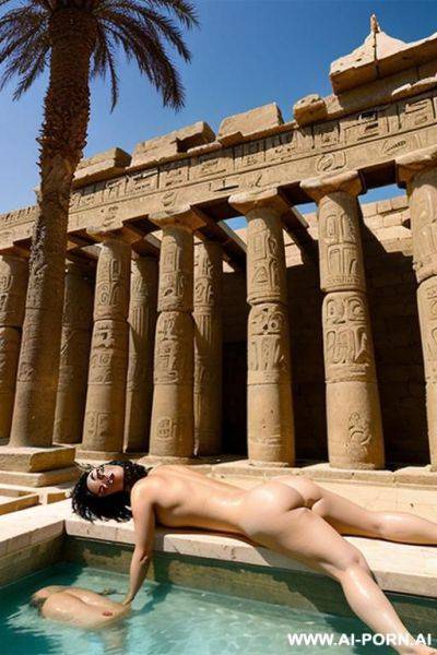 Two ancient egyptian chubby naked female temple servants with shaved vaginas are laying on a water bassin under palms - ai-porn.ai - Egypt on pornsimulated.com