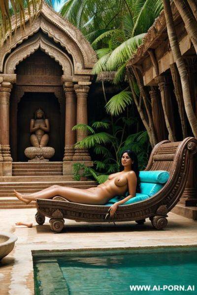 One ancient indian chubby full naked female temple servant with shaved vagina is reclining on a water bassin under palms - ai-porn.ai - India on pornsimulated.com