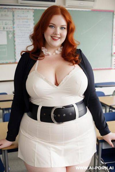 Close up half body photo shot, about at classroom, chubby very obese redhead fat bbw curvy teacher, wearing a sexy and hot micro red ruffle skirt, and elegant top, teaching to the classroom. - ai-porn.ai on pornsimulated.com