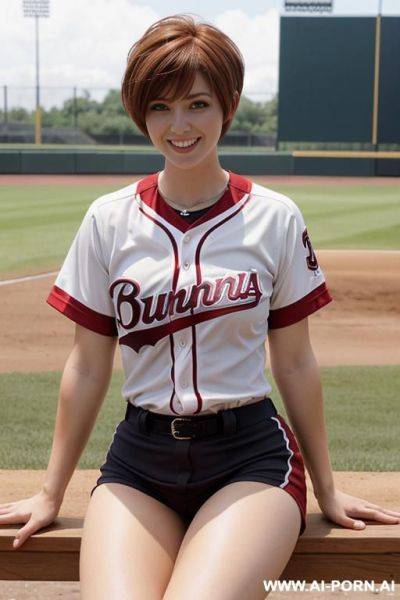 Humongous breasts, baseball jersey, no pants, see through panties, smile, baseball field, sitting on bench, (open shirt) (open legs) - ai-porn.ai on pornsimulated.com
