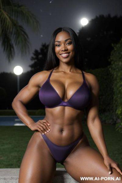 Voluptuous ebony african. (gigantic ass), naked, with slip, (high cheekbones), narrow chin, strong body, thick thighs, massive gluts, dominant pose, ((muscular heavy arms)), eye contact, (proud extra - ai-porn.ai on pornsimulated.com