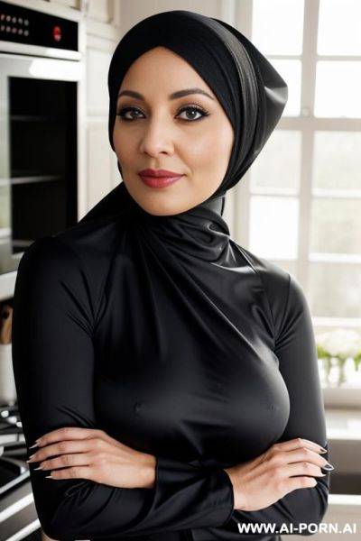 Wife , kitchen , tight pajama , curvy , hijab, beautiful - ai-porn.ai on pornsimulated.com