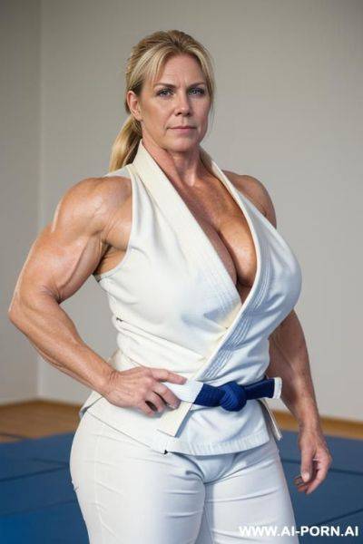Bigger arms, photo of a strong woman, nude, curvy, whole body, mature cougar, grandmother, gilf, ponytail, blonde, very hairy pussy, dense blonde pubic hair, stronger arms, stronger shoulders, wide - ai-porn.ai on pornsimulated.com
