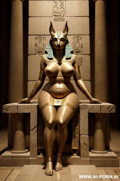 Ancient egyptian helpless chubby female victim with shaved vagina and spreaded legs is tied to a big anubis statue. - ai-porn.ai - Egypt on pornsimulated.com