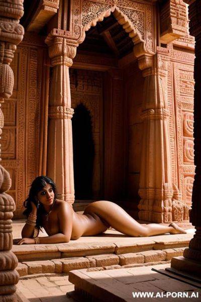 A devote chubby medieval indian full naked female temple servant with shaved vagina is lying on the shrine of a medieval indian temple - ai-porn.ai - India on pornsimulated.com