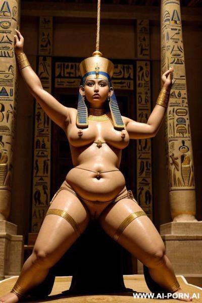 Ancient egyptian helpless chubby female victim with shaved vagina is tied to a big statue of the pharao. her legs are widely spread by the ropes. a male ancient egyptian priest strips her until she is full naked and screens her for use in the harem - ai-porn.ai - Egypt on pornsimulated.com
