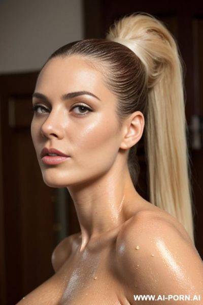 Ultrarealistic, totally naked, very shaved, oiled shiny skin, saggy long breasts, humongous oversized boobs hanging, low angle view pussy exposed, wet vagina - ai-porn.ai on pornsimulated.com