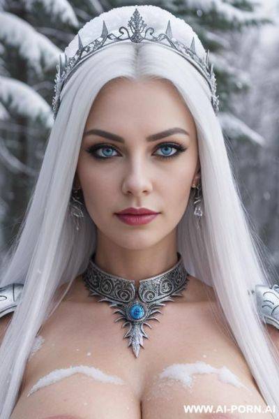 Hot busty woman, (strong dark eyelines), (medieval armor), (ice sword), earrings, tiara, necklace, snowy forest background - ai-porn.ai on pornsimulated.com