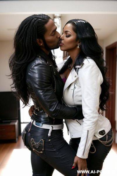 ((((very dark skin african milf)))) with gigantic tits and ((long hair)) (((makeup))) , ((tight black leather jacket)) (((tight jeans))) ((((selfie)))) (((((((kissed by a white man))))))) - ai-porn.ai on pornsimulated.com
