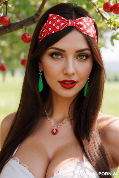 Ultra realistic hot busty woman, (bodycon white dress with red polka dots), earrings, necklace, hairband with bow, makeup, red lips, direct eye contact with viewer, - ai-porn.ai on pornsimulated.com