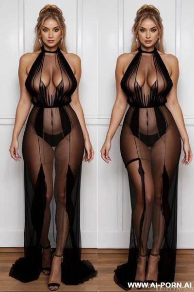 Lace transparent oversized long dress, seethrough lace from neck to feet, ((long saggy hanging oversized boobs)), perfect eyes, ((no panties)), ((no bra)), ((totally naked seethrough)), wide areola - ai-porn.ai on pornsimulated.com