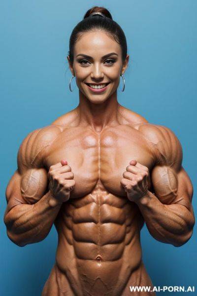 (blue background), real life, ((pallid skin)), shiny skin, realistic nipple, ((nude)), ((naked)), (frontal view), (vagina), nipple, look straight into camera, (((round bodybuilder womans face))), ((complete - ai-porn.ai on pornsimulated.com