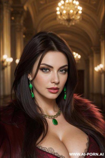 Ultra realistic hot busty woman brunette, red fur coat. earrings, necklace, makeup, strong dark eyelines, direct eye contact with viewer - ai-porn.ai on pornsimulated.com