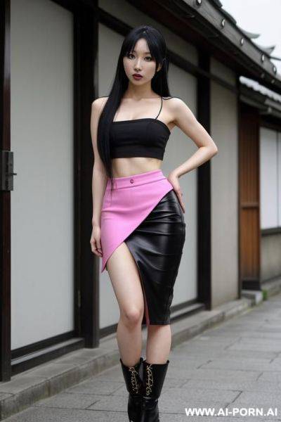 Chinese woman, 2, black hair, cyan skirt, cyan boots, pink crop top, long hair - ai-porn.ai - China on pornsimulated.com