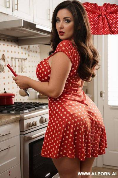 Gorgeous hot brunette women wearing (((red polka dot dress))) in kitchen, curvy ass, fucked, pov, cartoon style - ai-porn.ai on pornsimulated.com