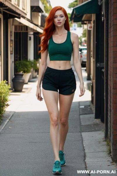 Red-haired woman, full body, standing, long hair, expressive green eyes. wearing gym clothes, black shorts, tight blue tank top, walking through the streets of the neighborhood - ai-porn.ai on pornsimulated.com