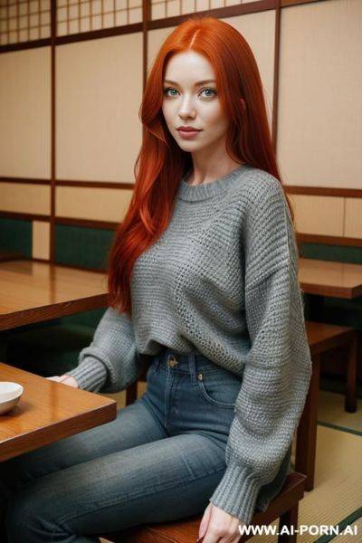 Red-haired woman, full body, long hair, expressive green eyes, wearing blue jeans, gray sweater, sitting at table in japanese restaurant - ai-porn.ai - Japan on pornsimulated.com