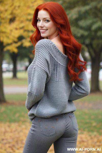 Back view, red-haired woman, full body, standing, big smile, long hair, green expressive eyes. wearing blue jeans, gray sweater, park - ai-porn.ai on pornsimulated.com
