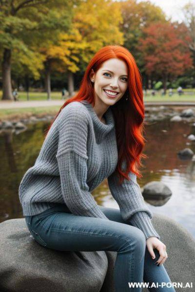 Red-haired woman, full body, long hair, expressive green eyes, big smile. wearing blue jeans, gray sweater, sitting on a large rock in the park - ai-porn.ai on pornsimulated.com