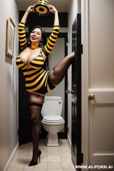 Standing alongside of a potty in a dirty bathroom, a pouty scantily-dressed smiling housewife with long straight blonde hair, lipstick, and thick eyeliner is clasping her hands around a - ai-porn.ai on pornsimulated.com