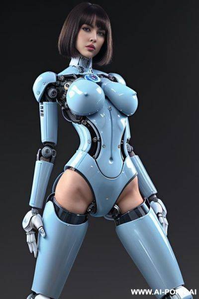 Beautiful wonderful realistic (( taur-women fully robotic body standing four legs to well)), detaleid face, skin in latex white and skyblue color, covered to latex, robotic ass , to boots, to beautiful robotic hand hd image quality, ((no background)). - ai-porn.ai on pornsimulated.com