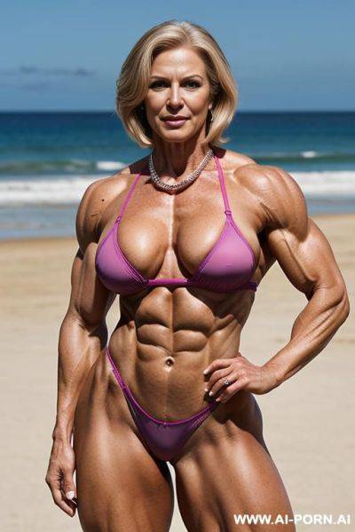 ((sexy hot old mom mature attractive milf)) (pink bikini) (big luxury necklace) ((sexy standing pose, direct eye contact)) (((oversize huge gigantic boobs))) (wide hips, massive thighs) (((choose the - ai-porn.ai on pornsimulated.com