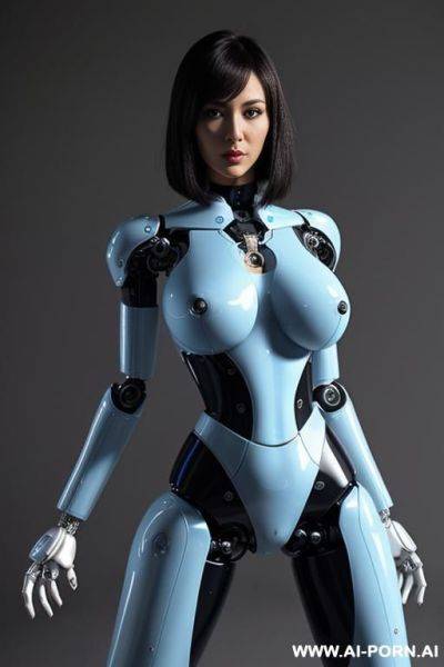 Beautiful wonderful realistic (( taur-women fully robotic body standing four legs)), detaleid face, skin in latex white and skyblue color, covered to latex, to boots, to beautiful robotic hand hd image quality, ((no background)). - ai-porn.ai on pornsimulated.com