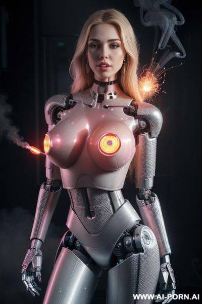 Damaged sexbot, front view, full body view, standing upright inside sexbot lab, looking at viewer, scared face, beautiful, long straight blonde hair, big lips, wide jaw, heavy makeup, hoop - ai-porn.ai on pornsimulated.com