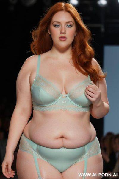 Half-length photo, half body photo shot close up, a fat ((very obese)) chubby fat thick and bbw redhead british, walking on a runway during a fashion fat obese show, the lighting is dramatic, - ai-porn.ai - Britain on pornsimulated.com
