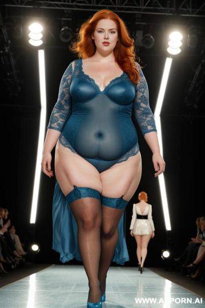 Half-length photo, a fat ((very obese)) chubby fat thick and bbw redhead british, walking on a runway during a fashion fat obese show, the lighting is dramatic, with spotlights focused on she. - ai-porn.ai - Britain on pornsimulated.com