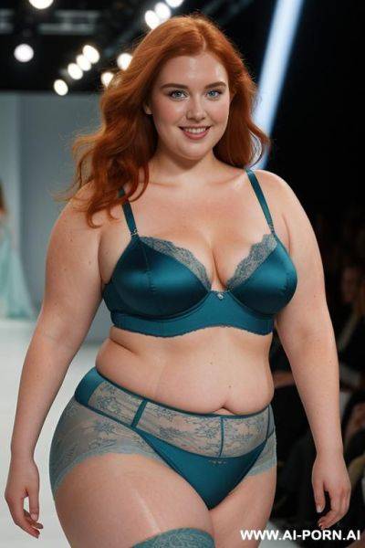 Half-length photo, a confident a fat ((curvy very obese)) chubby fat thick and bbw redhead british walking on a runway during a fashion show, the lighting is dramatic, with spotlights focused - ai-porn.ai - Britain on pornsimulated.com