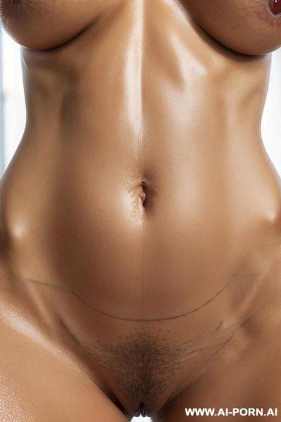 Standing nude woman leaning back, ((((navel close up zoom low angle view)))), naked, very saggy oversized long xxl hanging tits, bald pussy, shiny pussy low angle view, no clothes, oily shiny bald pussy - ai-porn.ai on pornsimulated.com