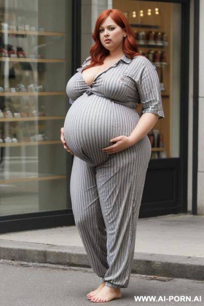 ((super fat bbw obese big bloated huge pregnant belly)), in floral grey pajamas pants, thick thighs, big belly, button show, flash belly, lifting shirt - ai-porn.ai on pornsimulated.com