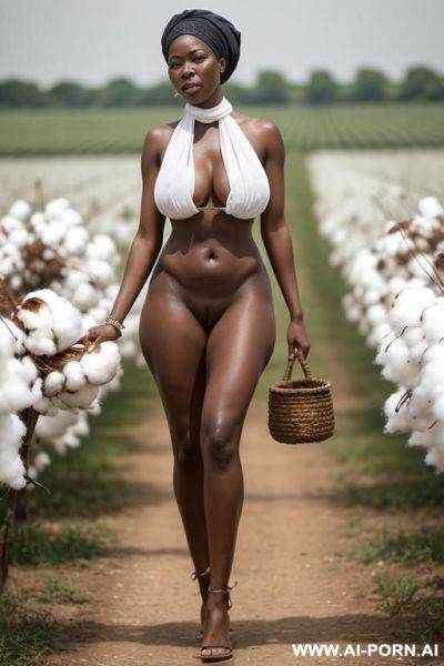 Full body shot. a black woman with big large saggy natural breasts, huge aureola, teardrop boobs, slender body, she is carrying a bag of cotton above her head, she looks very tired she is - ai-porn.ai on pornsimulated.com
